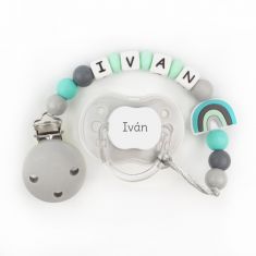 Cajita Chupete + Cadenita de silicona Arcoíris Menta personalizada