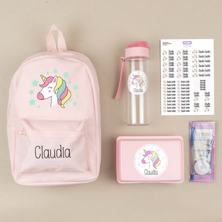 Pack Mi Equipo para el Cole con Mochila Nylon Unicornio personalizado + Regalo Marcaprendas