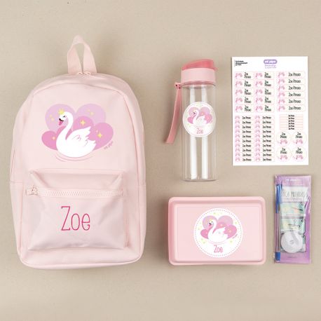 Pack Mi Equipo para el Cole con Mochila Nylon Cisne personalizado + Regalo Marcaprendas