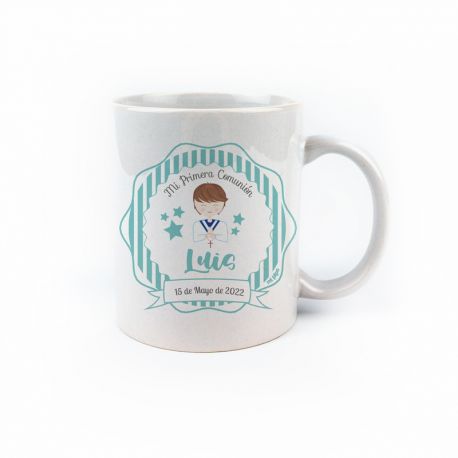 Taza cerámica o plástico Comunión Verde personalizada Nombre Niño