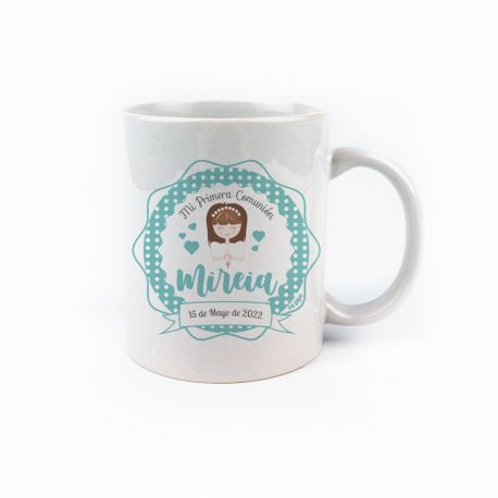 Taza cerámica o plástico Comunión Verde personalizada Nombre Niña