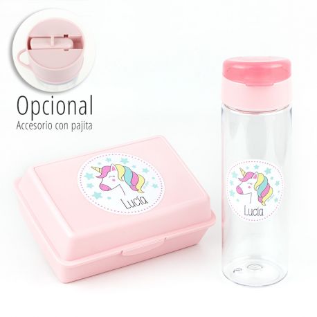 Pack Botella 600ml + Cajita Porta Alimentos Unicornio Rosa personalizadas