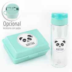 Pack Botella 600ml + Cajita Porta Alimentos Panda Menta personalizadas