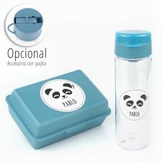 Pack Botella 600ml + Cajita Porta Alimentos Panda Azul personalizadas