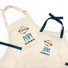 Pack Delantal Papá y Delantal Niño/a Azul Personalizado Súper Papi y Súper (nombre) cocinero