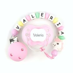 Cajita Chupete Rosa + Cadenita de silicona Unicornio Rosa personalizada