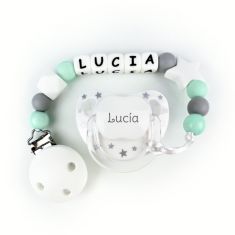 Cajita Chupete Chic Blanco Plata + Cadenita de silicona Baby Menta personalizada