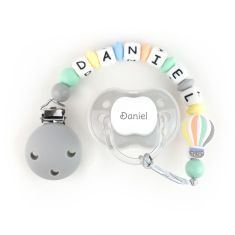 Cajita Chupete Gris + Cadenita de silicona Globo Gris personalizada