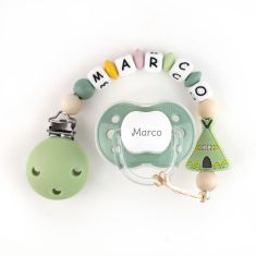Cajita Chupete Verde Forest + Cadenita de silicona Tipi personalizada