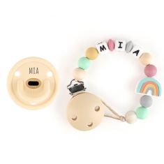 Cajita Chupete Gummy Beige + Cadenita de Silicona Arcoiris Beige personalizada
