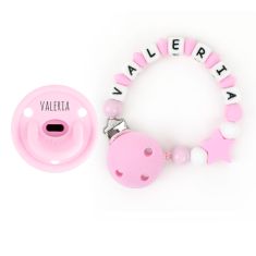 Cajita Chupete Gummy Rosa + Cadenita de Silicona Estrella Rosa personalizada