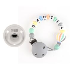 Cajita Chupete Gummy Gris + Cadenita de Silicona Globo personalizada