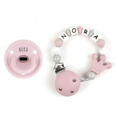 Cajita Chupete Gummy Rosa Soft + Cadenita de Silicona Corona personalizada