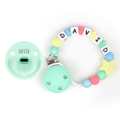 Cajita Chupete Gummy Menta + Cadenita de Silicona Estrella multicolor personalizada