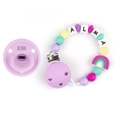 Cajita Chupete Gummy Lila + Cadenita de Silicona Arcoíris personalizada