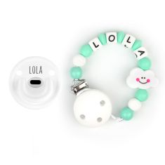Cajita Chupete Gummy Blanco + Cadenita de Silicona Nube Menta personalizada