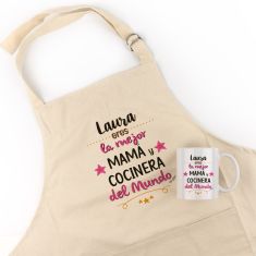Pack Delantal Mamá + Taza (Nombre) Es la mejor Mamá y Cocinera del Mundo